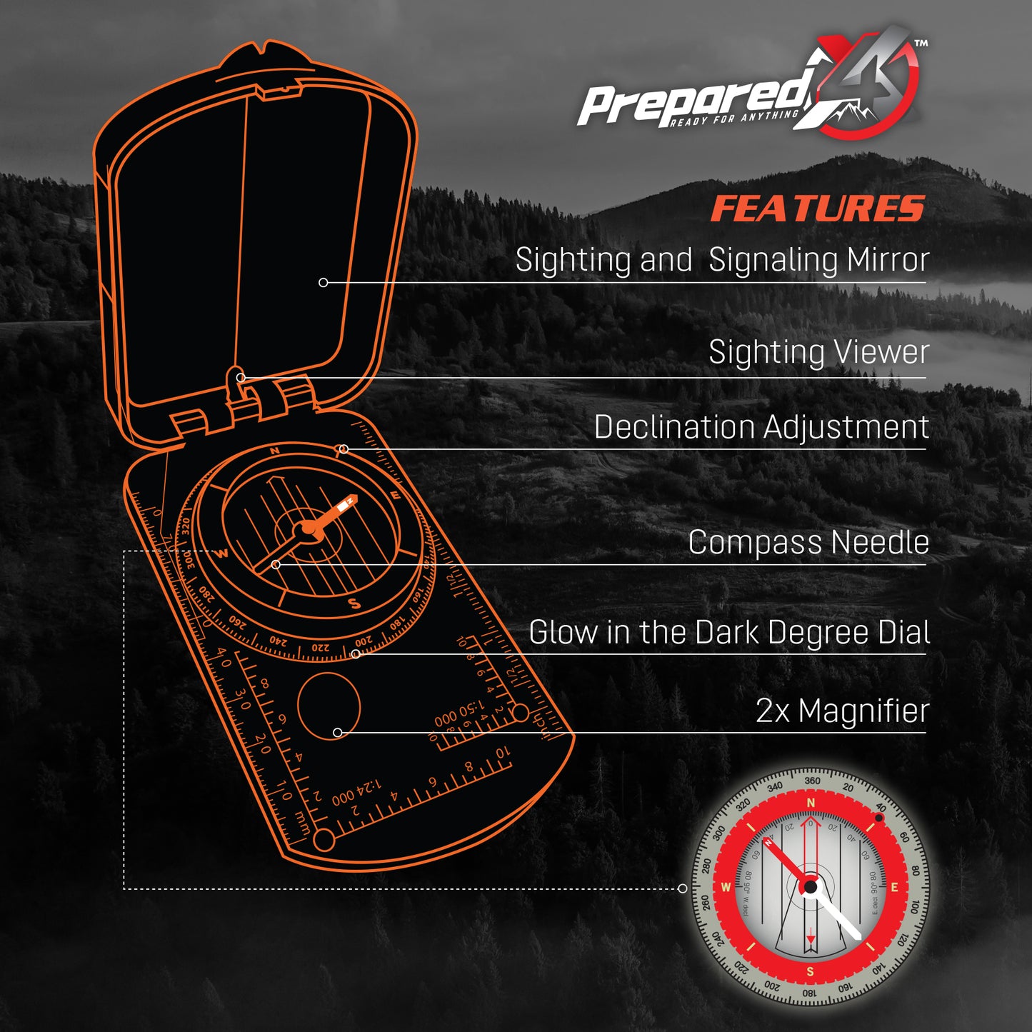 PREPARED4X Mirror Sighting Compass with Paracord Survival Lanyard